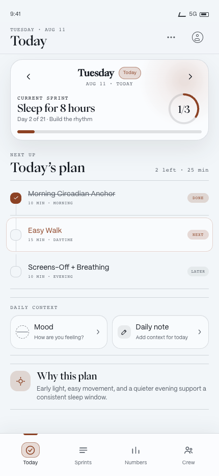 Current By Day mobile Today screen with daily sprint tasks.
